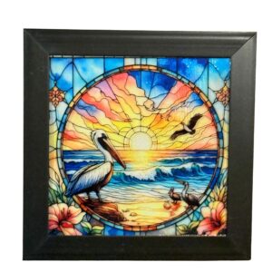 Golden Tide Pelican:  Dual-Sided Engraved Glass Mirror Art (4.5")