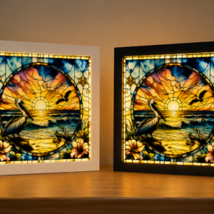 ✨ Golden Tide Pelican – Lighted Engraved Mirror Shadow Box (8" x 8")