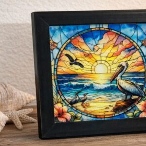 Golden Tide Pelican:  Dual-Sided Engraved Glass Mirror Art (4.5")