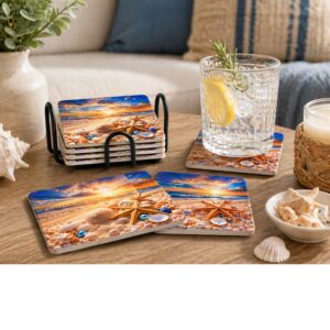 Sunset Shores Coaster Set 1 – Ceramic Beach Coasters with Holder