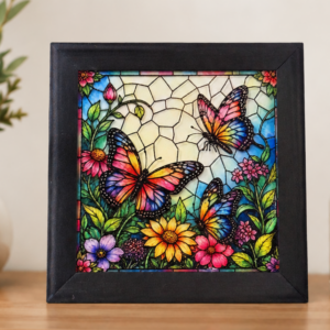 Enchanted Butterfly Garden: Dual-Sided Engraved Glass Mirror Art (4.5")