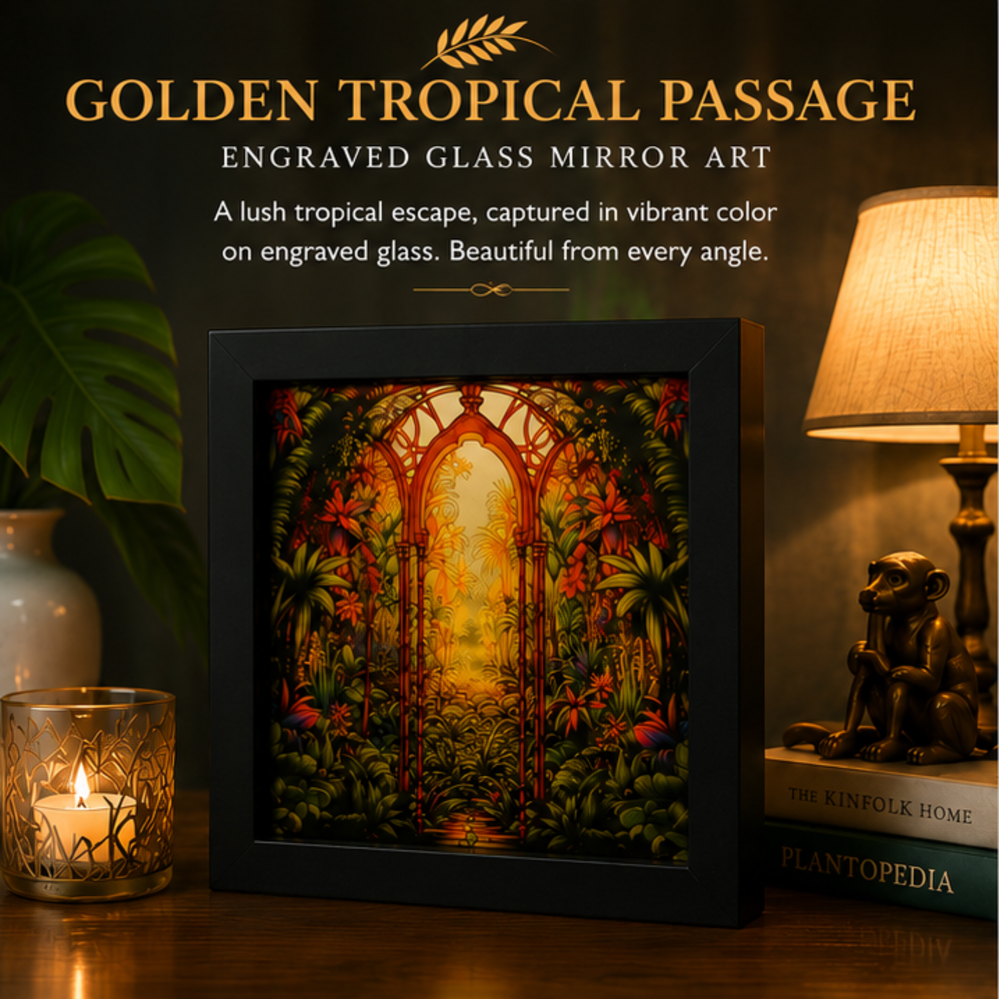✨ Golden Tropic Passage – Illuminated Engraved Mirror Shadow Box Art - Image 2