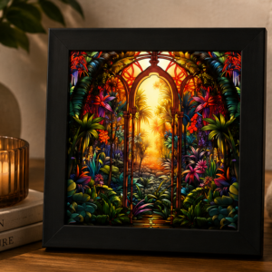 ✨ Golden Tropic Passage – Illuminated Mirror Shadow Box Art
