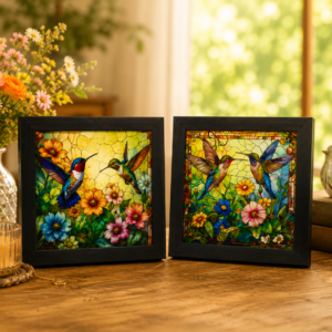 Enchanted Hummingbird Garden: Dual-Sided Engraved Glass Mirror Art (4.5")